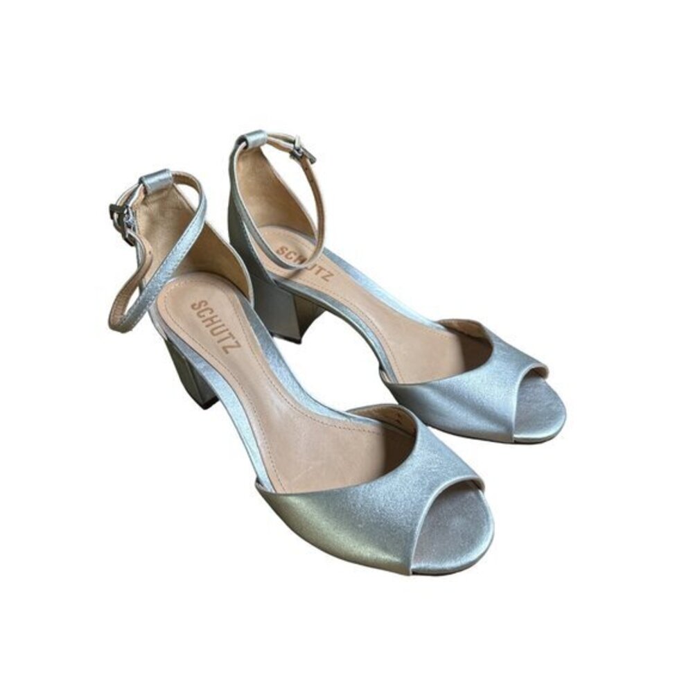 Schultz Roama Block Heel Size 7 B Silver Metallic Leather Ankle Strap NWOB